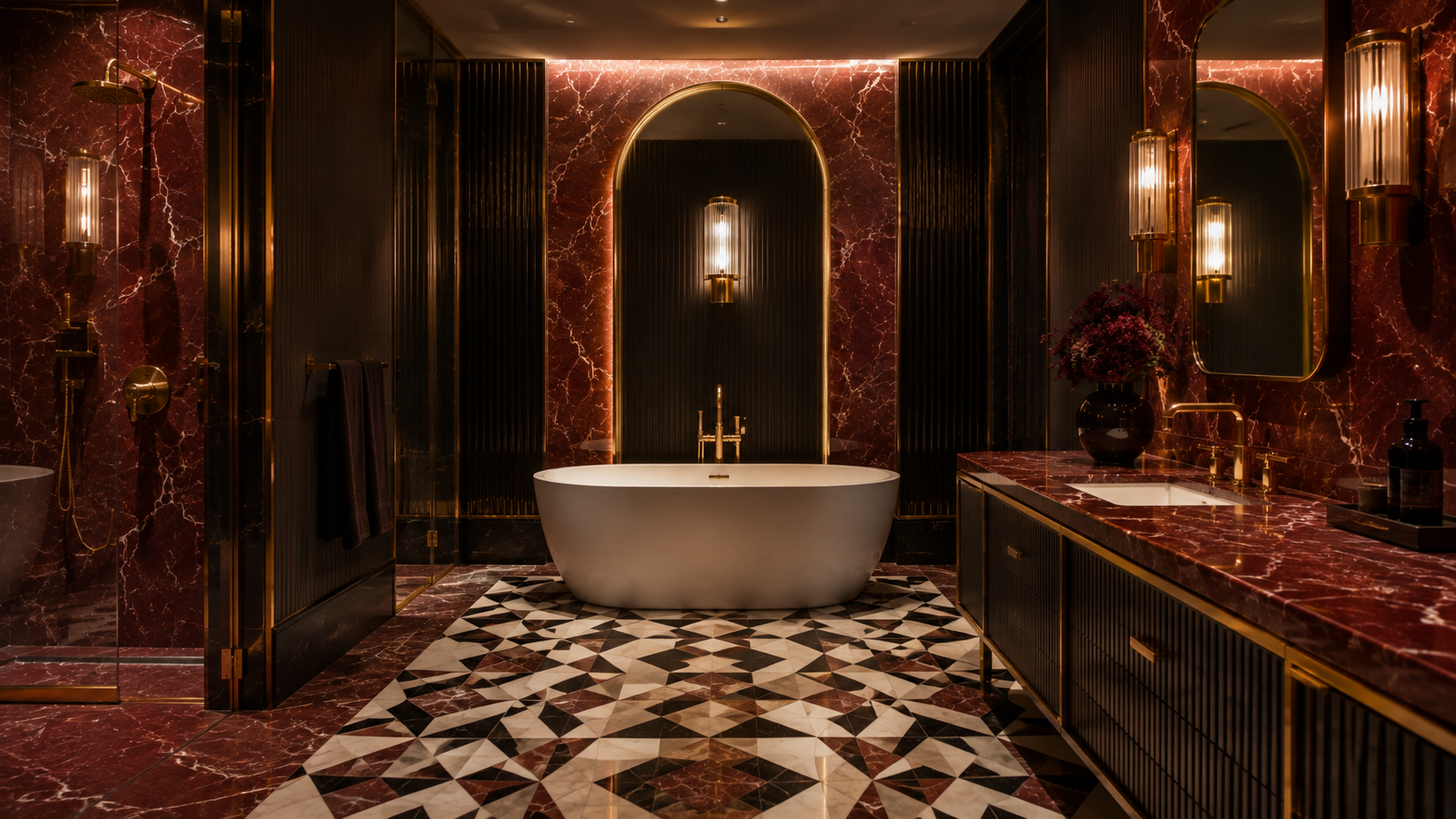 Red marble bathroom elevated by a geometric Neo Deco checkerboard floor pattern